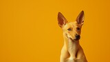 A dog stands on hind legs against a yellow background