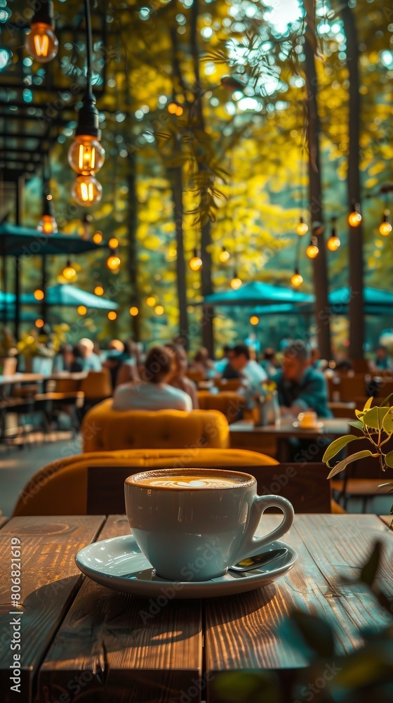 Outdoor seating at a cafe with a view of the trees Outdoor seating at a cafe with a view of the trees