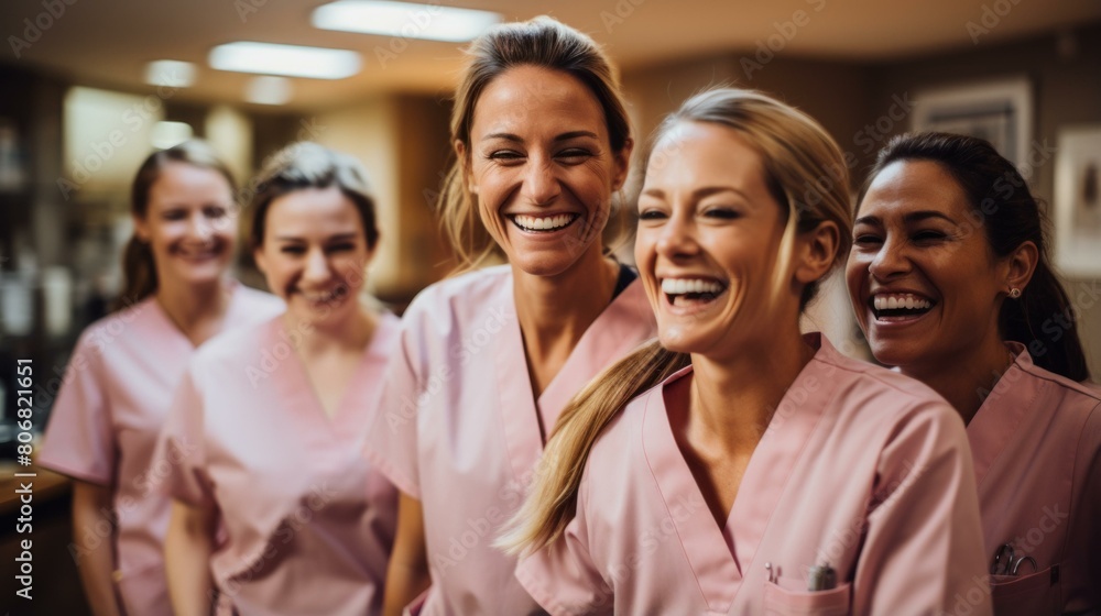 Portrait of a group of five female nurses wearing pink scrubs Portrait of a group of five female nurses wearing pink scrubs