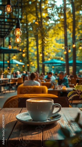 Outdoor seating at a cafe with a view of the trees