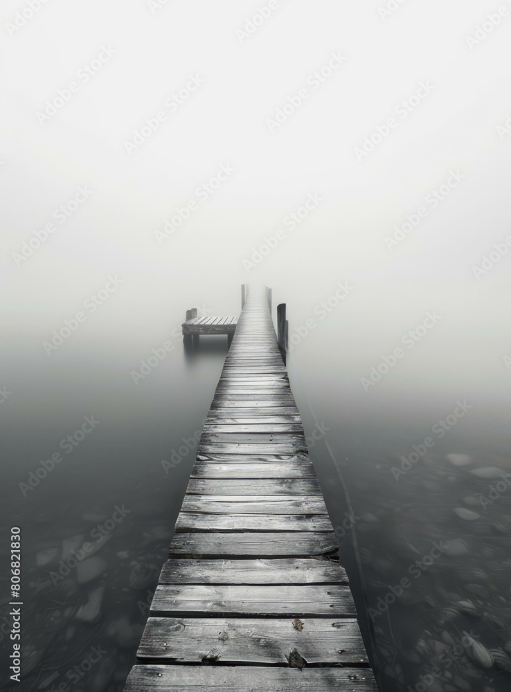 Obraz premium Wooden dock extending into the foggy lake