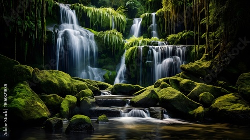 Beautiful waterfall in the forest. Panoramic image of a waterfall in the forest.