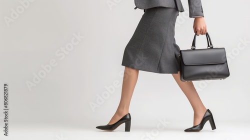 a professional woman in business attire holding a briefcase and walking confidently on a white background.