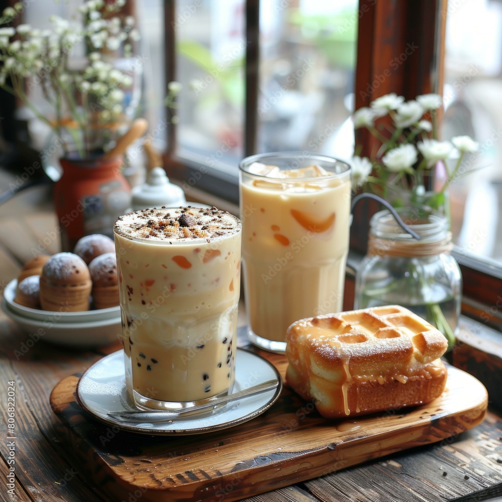 Iced coffee and waffles on a wooden table Iced coffee and waffles on a wooden table