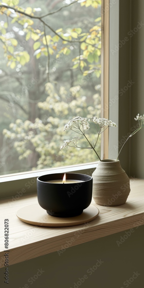 A ceramic bowl candle sits on a wooden surface in front of a window. A ceramic bowl candle sits on a wooden surface in front of a window.