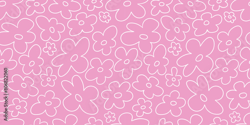 2000s flowers, y2k background. Seamless pattern with abstract white contour flowers on pink background