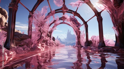 Pink alien landscape with pink crystal trees and water photo