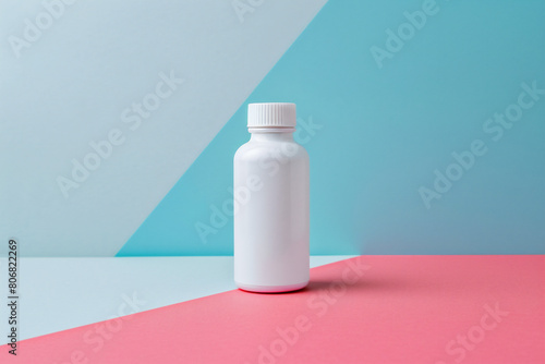 Empty mockup of a white plastic bottle on a colorful surface and wth colorful background. Medicine, cosmetic banner with copy space.