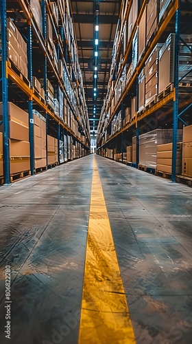 Wallpaper Mural 
industrial warehouse with high shelves and boxes with yellow safety stripes on the floor
 Torontodigital.ca