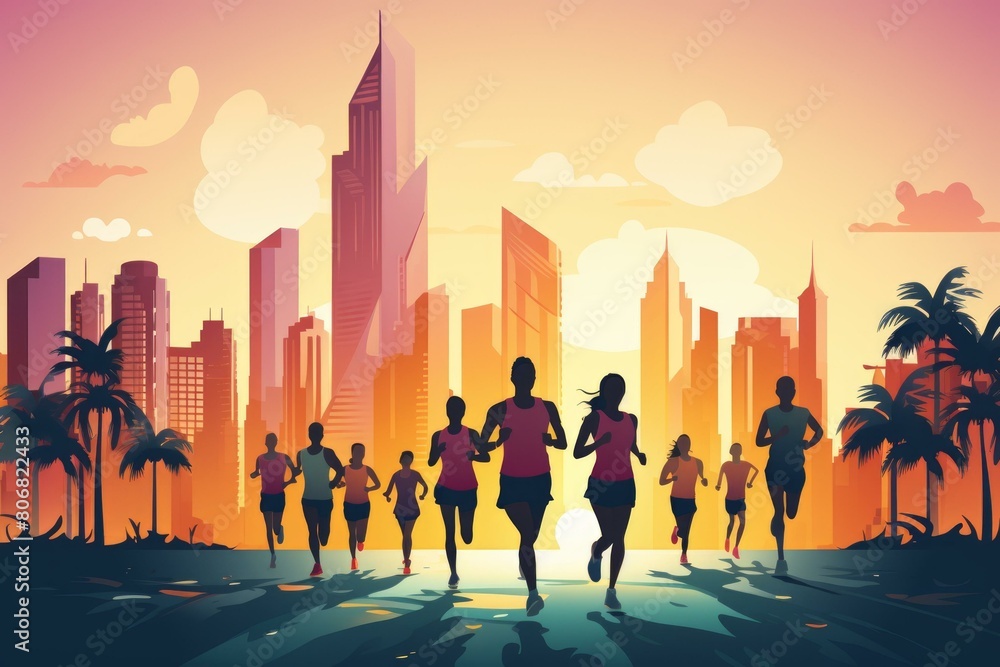 Naklejka premium Group of people running in a marathon in a city