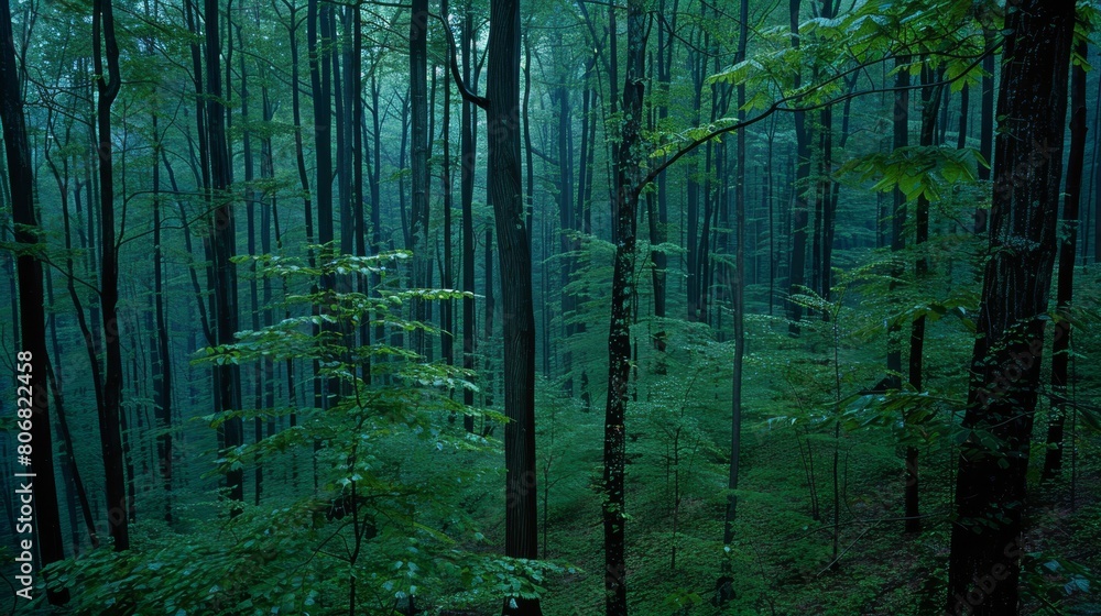 Naklejka premium A lush forest teeming with tall trees and abundant green leaves