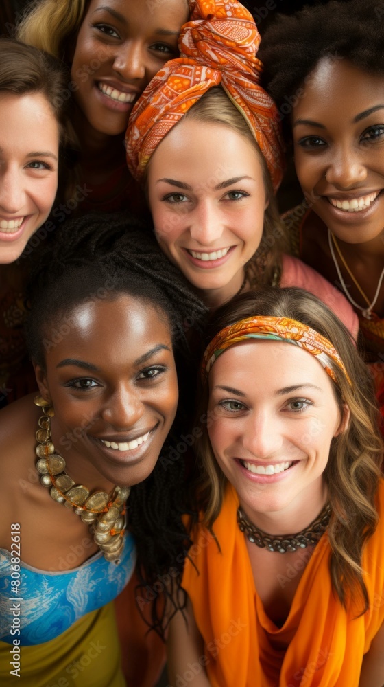 A group of smiling women from different ethnicities wearing colorful clothing A group of smiling women from different ethnicities wearing colorful clothing