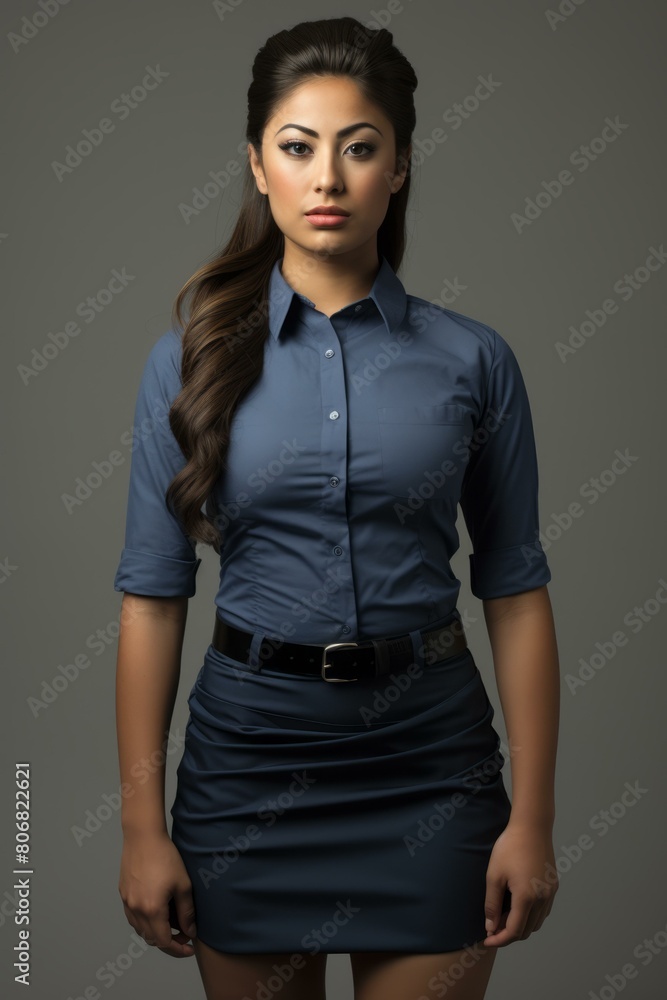 Brunette woman in blue business outfit