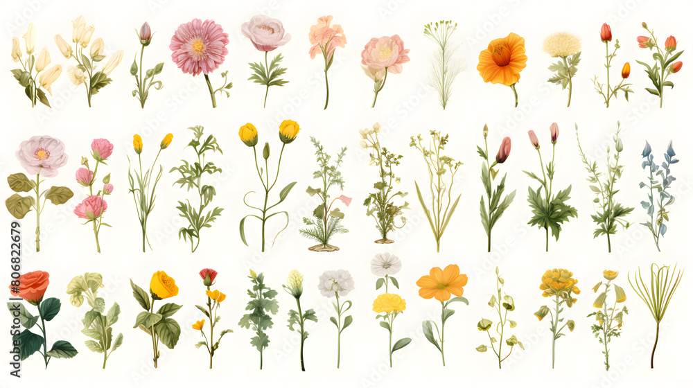 Fototapeta premium Digital watercolor flowers clip art set print pattern flower abstract graphic poster background