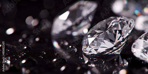 Some diamonds on a black surface  luxurious and elegant  sparkling gemstones  sophisticated display  precious jewels   Oblique shooting angle   blur effect  sparkling jewelry  rare gemstones