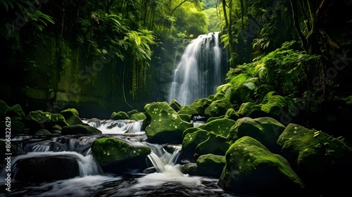 Waterfall in tropical rain forest. Panoramic view of waterfall in jungle.