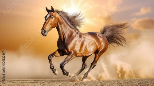 A beautiful brown horse is running in the desert