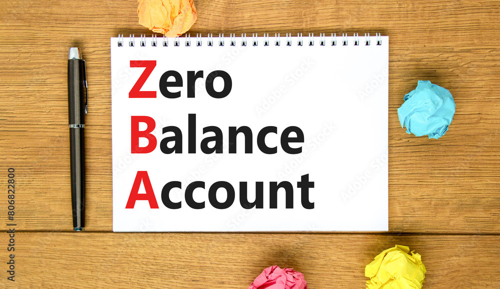 Fototapeta premium ZBA zero balance account symbol. Concept words ZBA zero balance account on beautiful white note. Beautiful wooden table wooden background. Business ZBA zero balance account concept. Copy space.