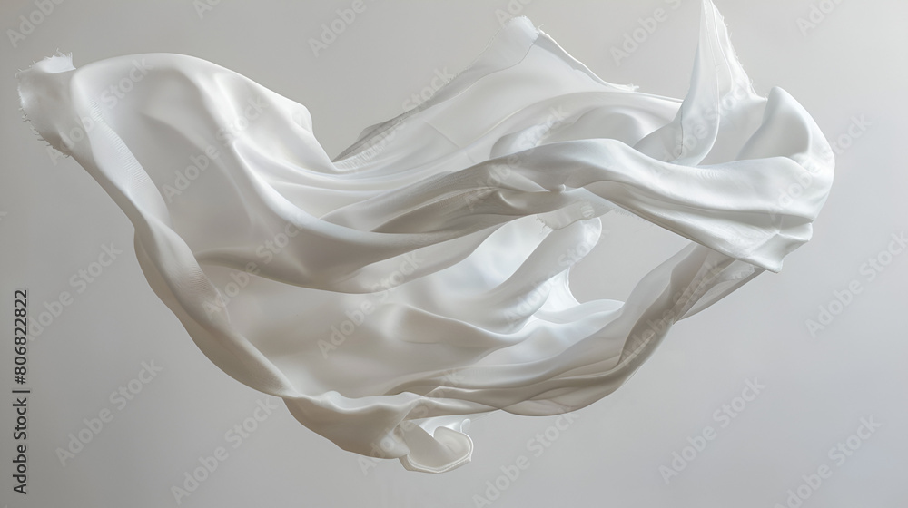 Floating Elegant White Fabric Cut Out, Graceful Textile Draped in Air with Soft Shadows, Minimalist Design Element, Ethereal Cloth Concept, Generative AI

