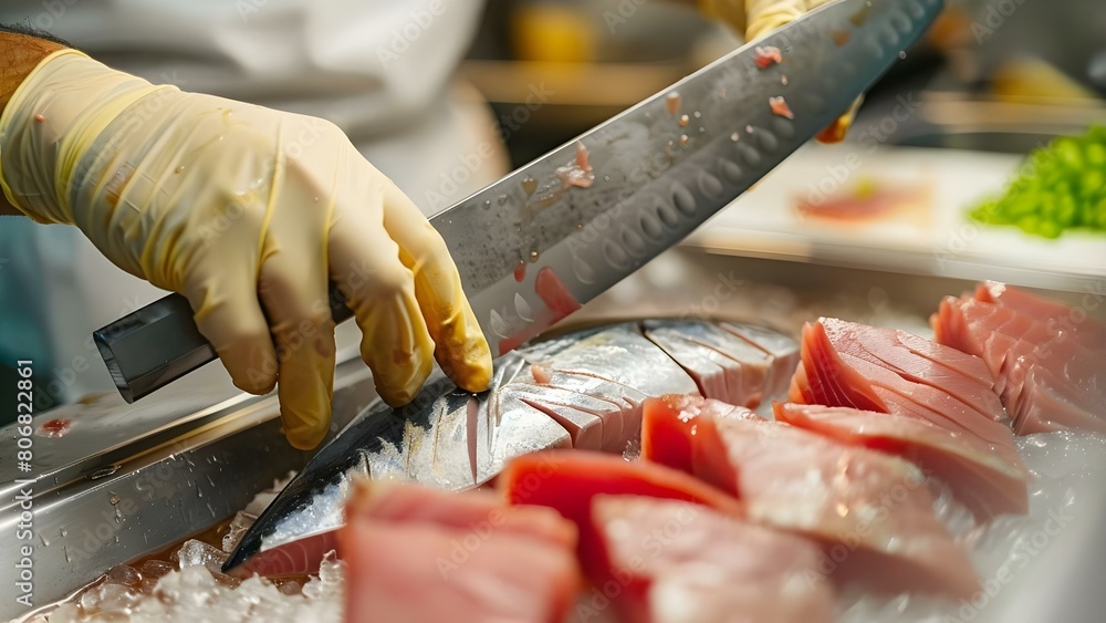 Hands in gloves using a large knife to prepare tuna fish. Concept Cooking, Tuna Fish, Food Preparation, Kitchen Tools, Cutting Skills