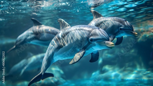 Group of Delphinus delphis dolphins swimming in blue water for repeating pattern. Concept Wildlife Photography, Dolphin Behavior, Ocean Habitat, Marine Mammals, Underwater Patterns © Anastasiia
