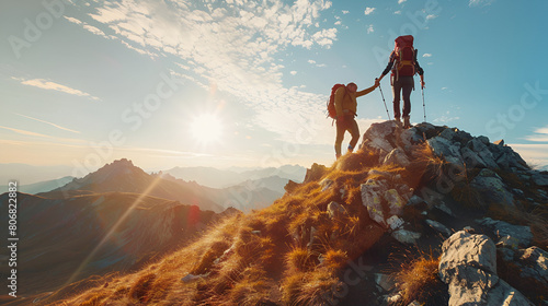 Hiker Helping Friend Reach the Mountain Top, Teamwork and Success in Climbing Adventure, Support and Encouragement in Outdoor Expedition, Generative AI