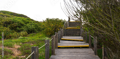 Wooden path along the coast of atlantic ocean. Ideal for trekking. Beautiful landscape along the the pilgrimage way  Camino Portuguese  Portugal.