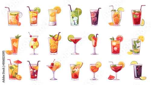 Refreshing Cartoon Summer Cocktails. Vector Set of Exotic Tropical Drinks in Various Glasses for Beach Parties, Cocktails, Bar Menus, and Vacation Vibes