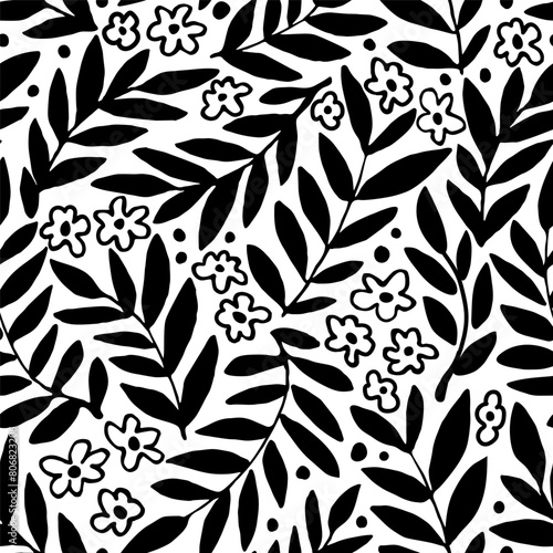Black silhouette of branches, leaves, small flowers on a white background. Simple floral vector seamless pattern. For prints of fabrics, textiles, packaging.