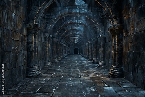 gloomy dungeon corridor with stone pillars