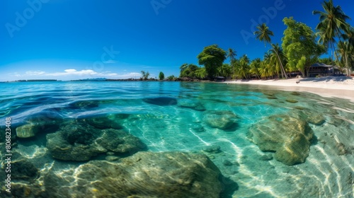 Half Underwater Split View of Tropical Beach with Coconut Trees and Clear Water