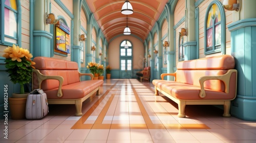 A brightly lit hallway with orange benches and potted plants