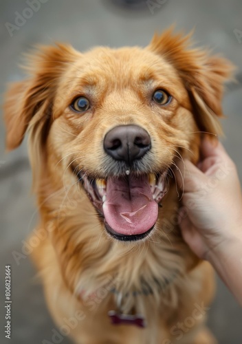 A golden-brown dog is being petted by a light-skinned human hand.