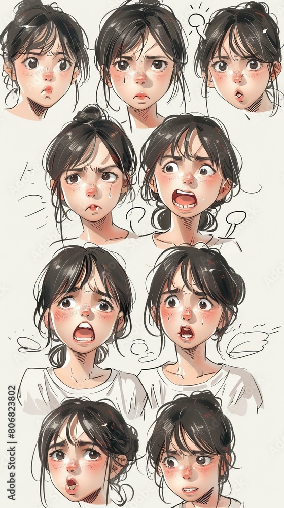 A collection of cute cartoon girl facial expressions