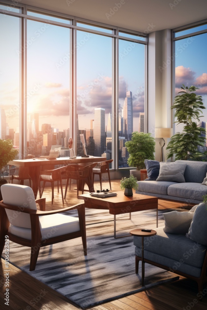city apartment interior design living room home sunset cityscape view