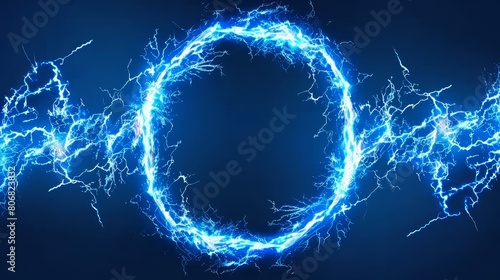   The O is rendered as a circle of lightning against a dark blue background, surrounded by bright blue electric wires photo