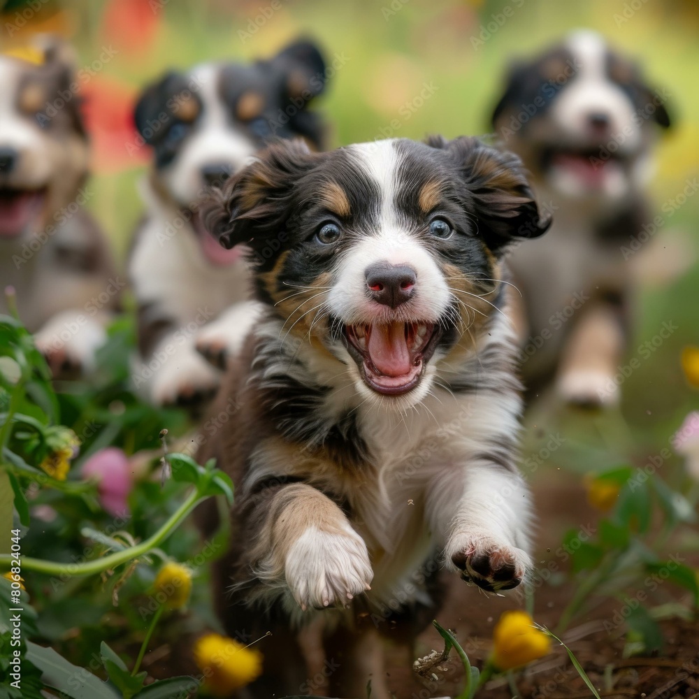 A pack of Australian shepherd puppies running through a field of flowers A pack of Australian shepherd puppies running through a field of flowers