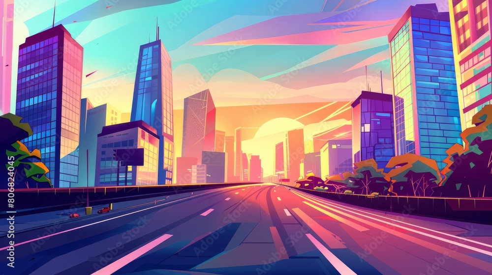 Obraz premium Asphalt Highway Skyline Against Modern Buildings At Sunset, Imbuing The Scene With A Sense Of Urban Energy And Dynamism, Cartoon Background