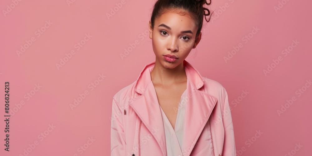 Portrait of a beautiful young woman with curly hair wearing a pink jacket Portrait of a beautiful young woman with curly hair wearing a pink jacket