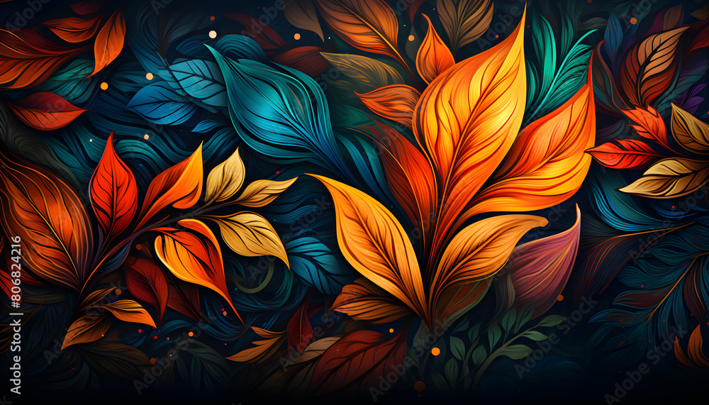 Vibrant Foliage Dance: A Captivating Canvas Displaying Colorful Leaves Against the Enigmatic Abyss