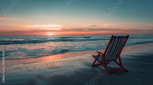 A chair is placed on the beach at dusk  with water reflecting the colorful sky and clouds as the sun sets over the horizon  creating a serene landscape AIG50