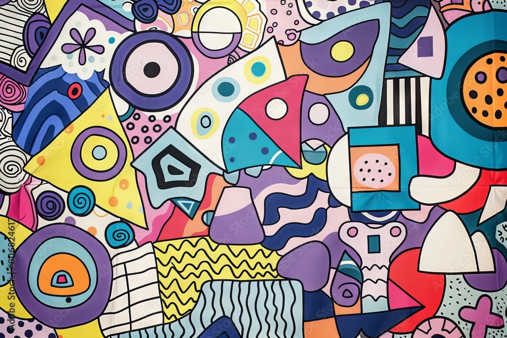 Fototapeta premium A front cover for a colouring book for toddlers called Shape and Pattern Playground, full of different shapes with various patterns within the shapes