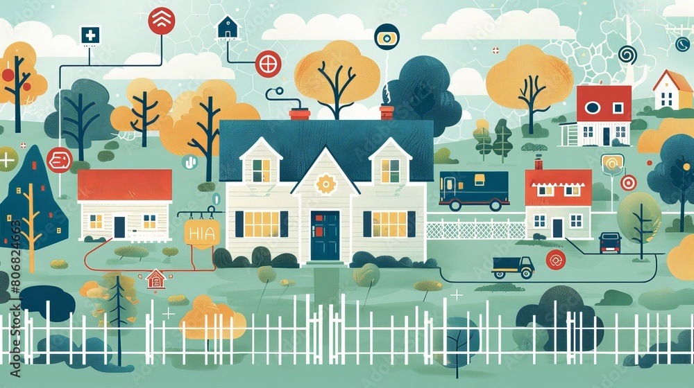 Colorful illustration depicting a smart connected community with houses, healthcare, and transport linked by technology in a vibrant, modern landscape.