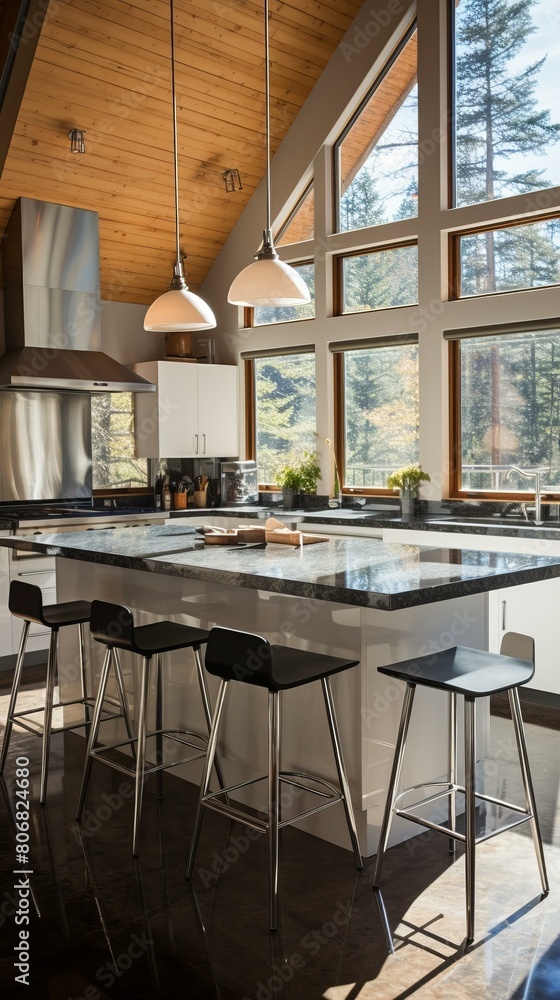 Modern kitchen with large windows and a wood ceiling