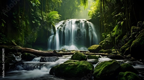 Panorama of a beautiful waterfall in the rainforest, Thailand.