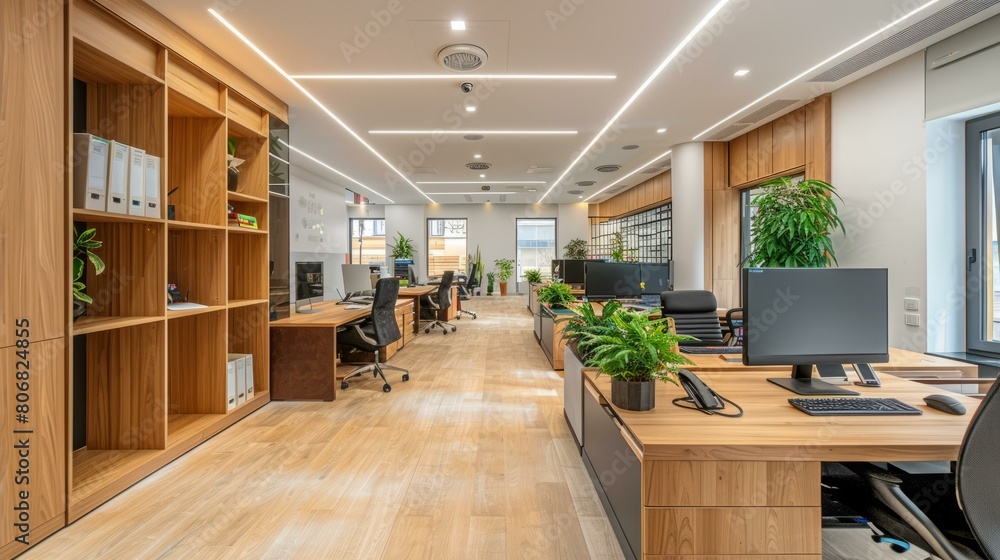Large modern office space with wooden furniture and green plants Large modern office space with wooden furniture and green plants