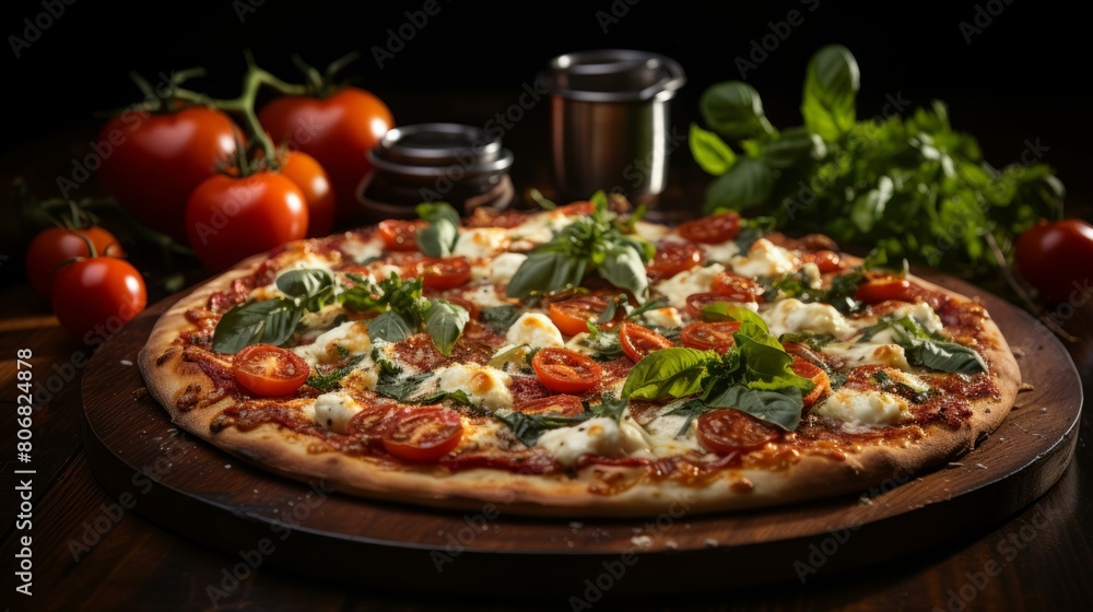 A delicious pizza with fresh tomatoes, basil, and mozzarella cheese