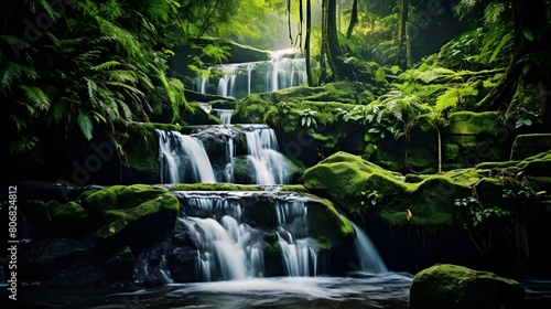 Panoramic view of a small waterfall in the forest. Long exposure.