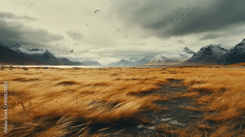 A field of tall grass with a mountain range in the distance