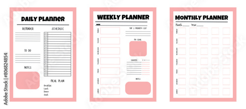 Set of daily, weekly, monthly minimalist pink and white color planners . Planner template white isolated background. Graphic organization paper vector set